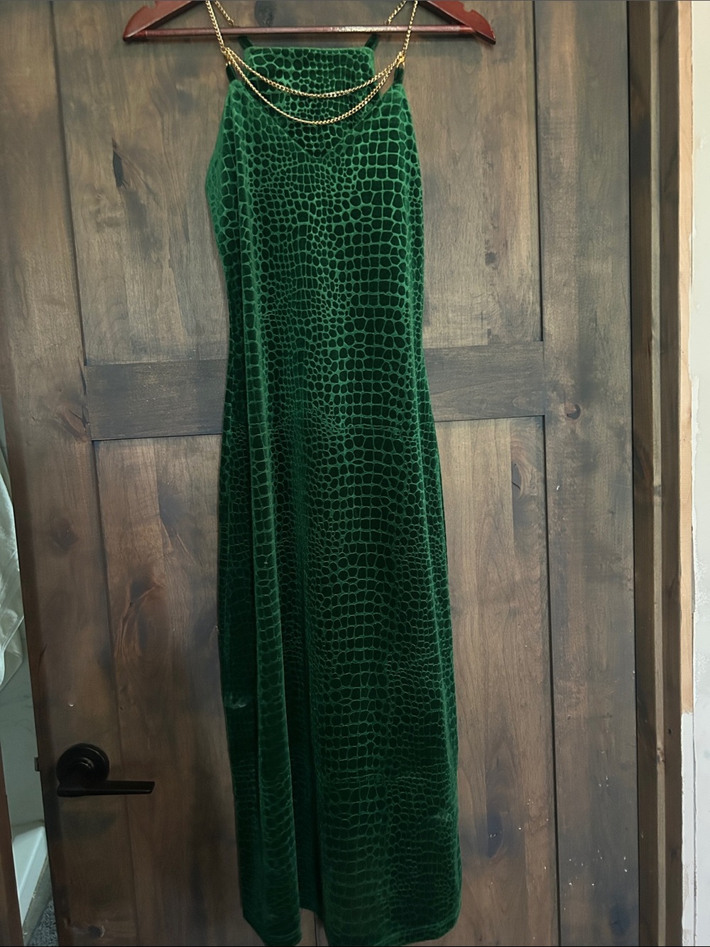 Twenty Five Emerald Green Velvet snake pattern Maxi Dress with Gold Chain Straps